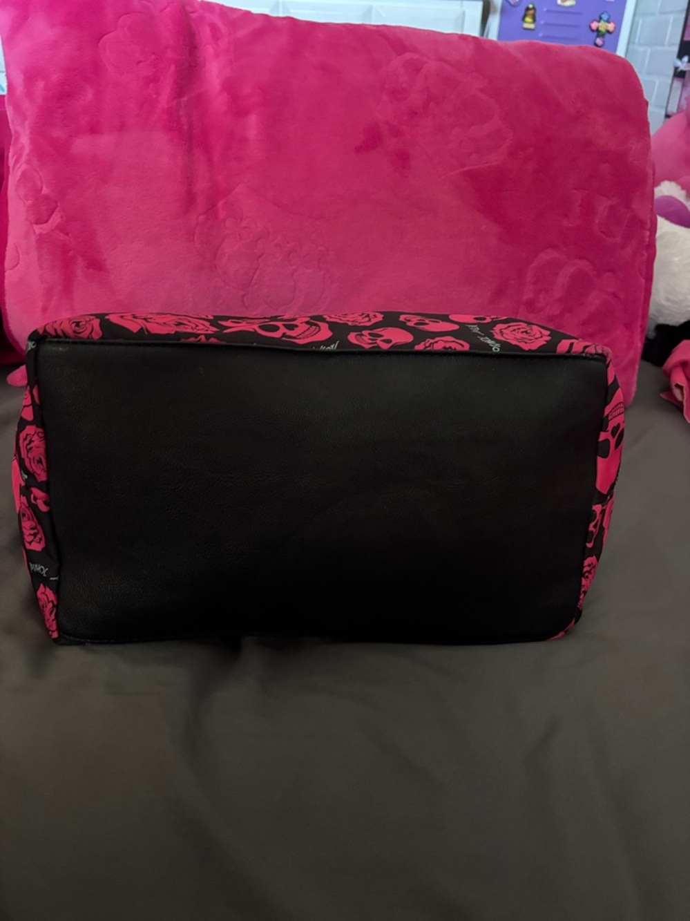 Betsey Johnson Black & Hot Pink Skull and Rose Tote - Picture 3 of 8